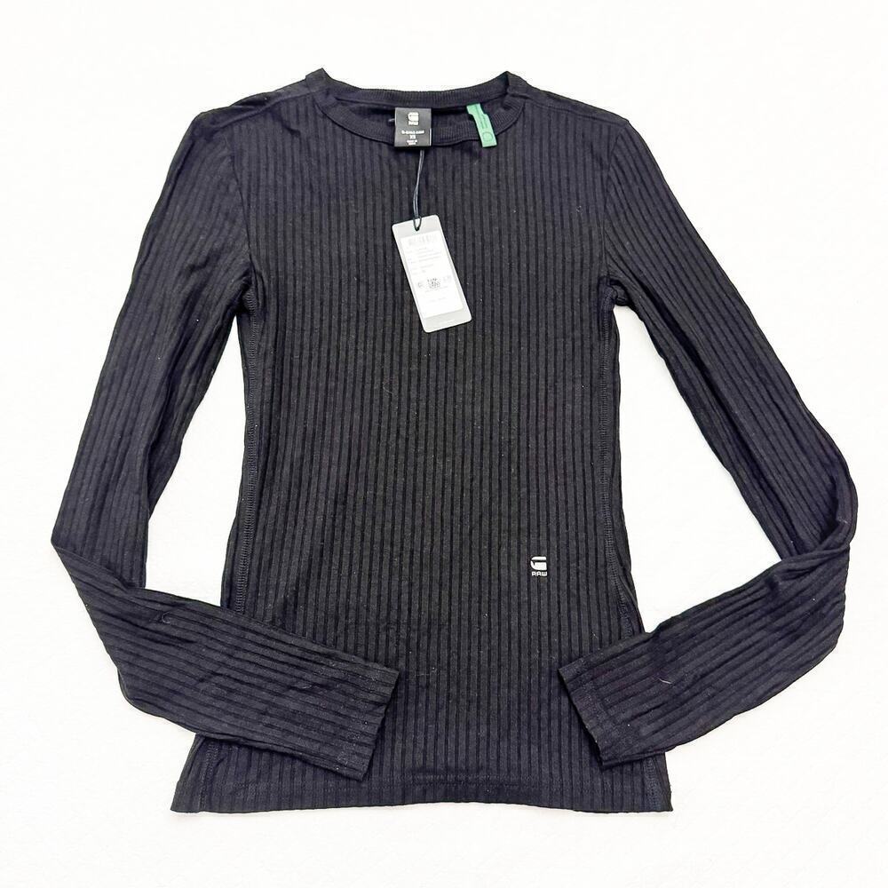 G-Star Raw Black Slim Ribbed Neck Long Sleeve Sweater Top Size XS NWT $49